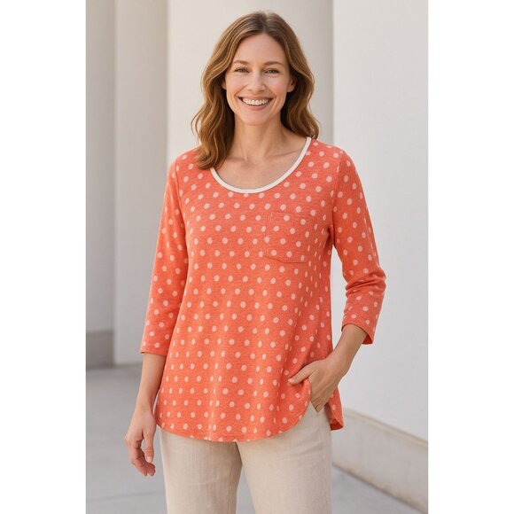 Orvis 100% Linen Coastal Cool Dopamine Dots Coral Polka Dot Scoop Neck Top - XL - Picture 1 of 5